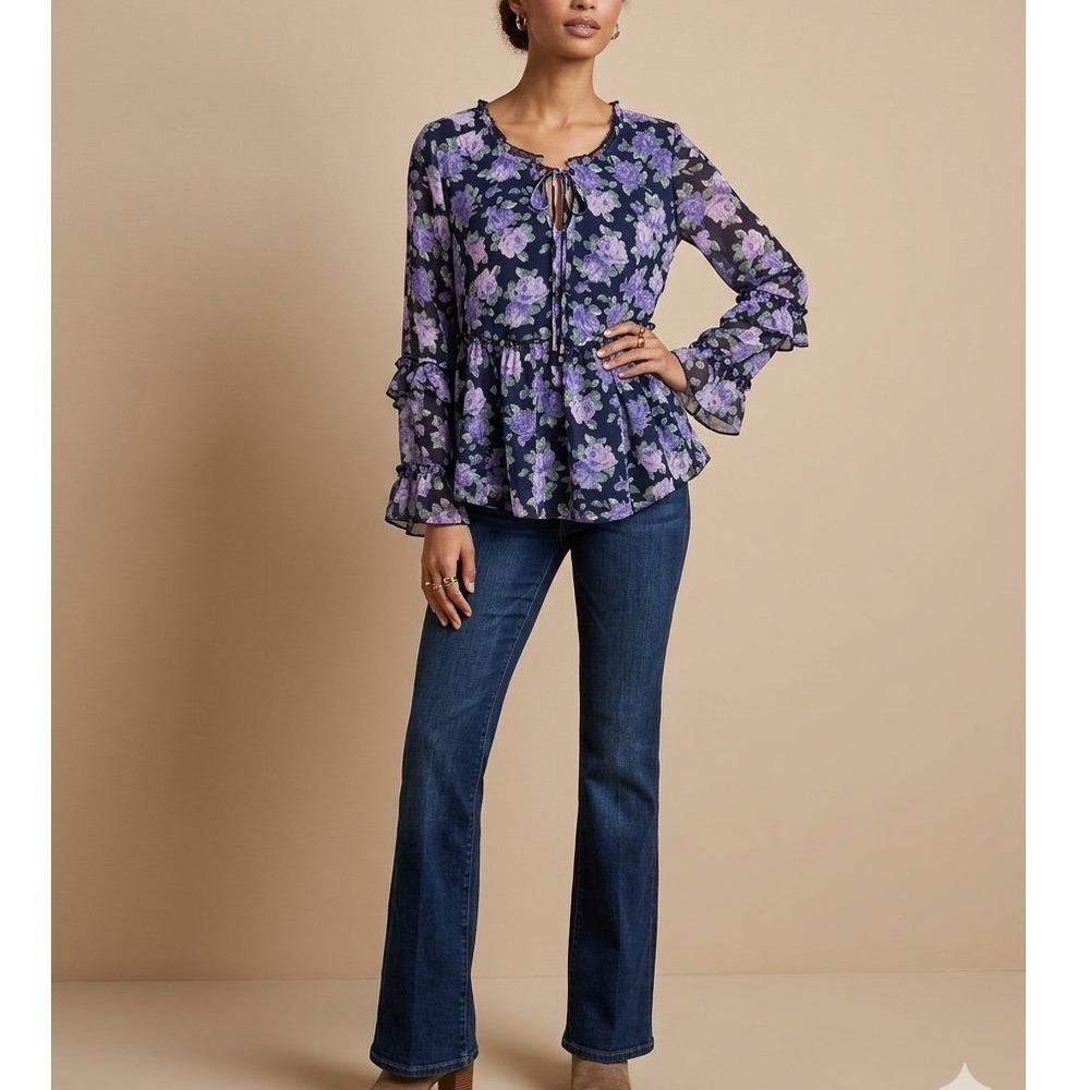 American Eagle Floral Peplum Top Purple Rose Tiered Bell Sleeve Navy Blue NWT M